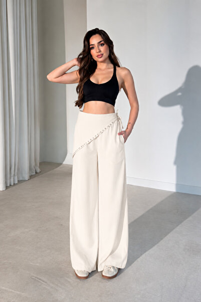MİROR Women's White Stone Detailed Scarf Detail Wide Leg High Waist Trousers