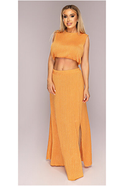 OEM Fusta dama, lunga, portocalie, din lurex, plisata, cu slit, talie elastic...