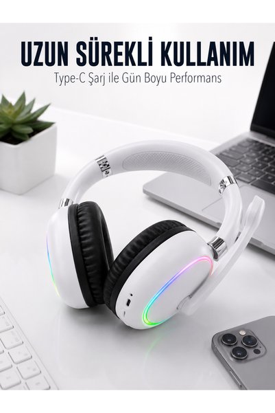 AKILLI Beyaz Bluetooth 5.0 Mikrofonlu Kablosuz Kulak Üstü Kulaklık RGB Işıklı Type-C Şarjlı