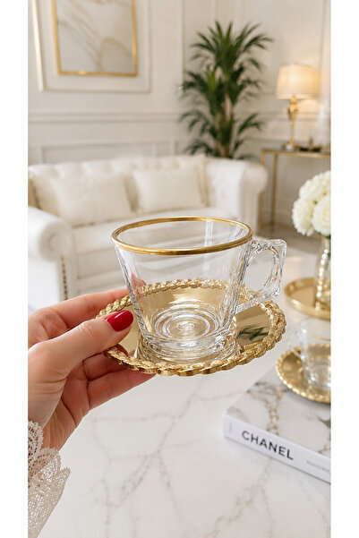 FTH DİZAYN Çay takımı Golden style 6 kişilik 12 parça metal tabaklı çay takımı