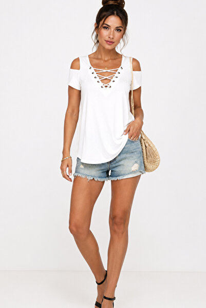Trend Mixs Women's White Off-Shoulder Lace Detailed Short Sleeve Blouse Casua...