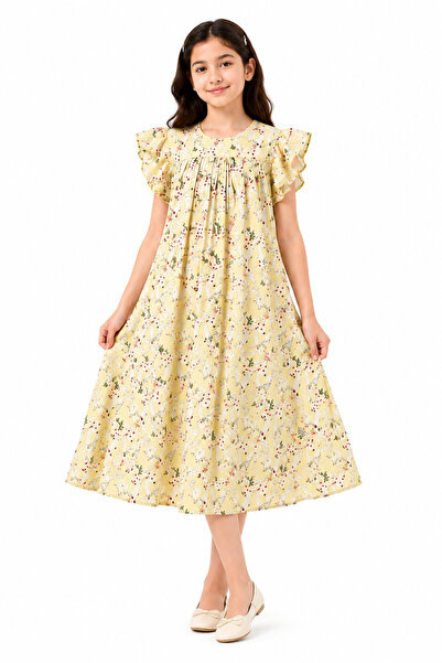 Shiladon Girls' Long Floral Print Butterfly Sleeve Dress