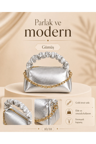 Sargınlar Kadın Büzgülü Saplı Gold Zincir Askılı Fermuarlı Mini El ve Omuz Ça...