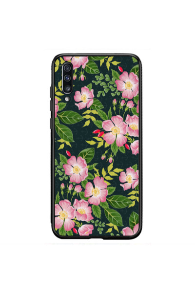 Other Samsung A70 Pink flowers green laves Black Glossy Θήκη
