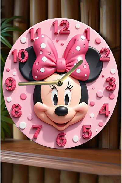 SHELİFE Minnie Mouse Temalı Pembe MDF Duvar Saati – 3D Görünümlü, Sessiz Meka...