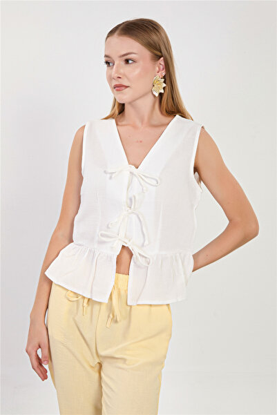 BARRELS AND OIL Women's Tie-Up Ruffle Vest - White