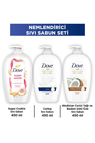 Dove Sugar Cookie Sıvı Sabun 450 ml + Hindistan Cevizi Yağı 450 ml+Nemlendiri...