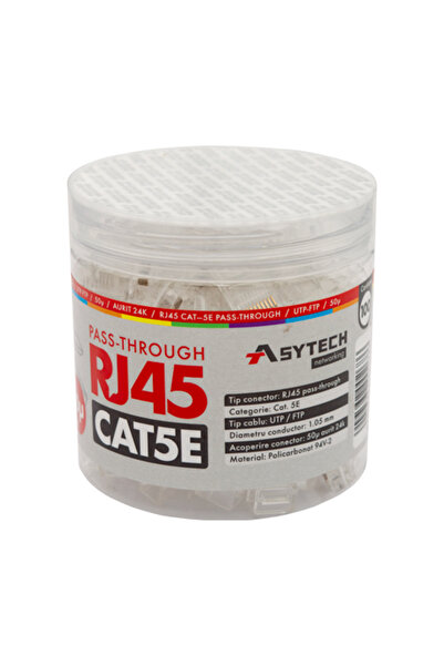 ASYTECH Networking Conector RJ-45 UTP Cat.5e EZ Passthrough, 50µ (100 buc.) R...