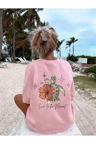 khufu Pink Oversize Cotton T-Shirt with Turtle and Flower Print, Relaxed Fit,...