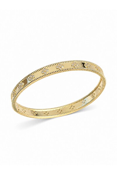 serelya Gold Color Brass Clover Model Zircon Stone Women's Cuff Bracelet