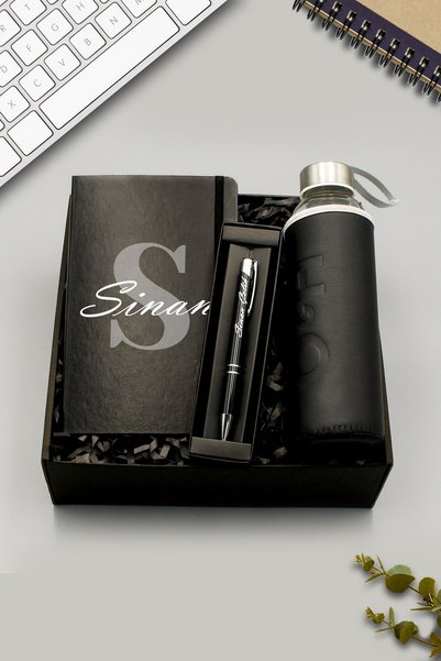 As Gift Kişiye Özel Siyah Defter & H2O Kılıflı Siyah Su Matarası & Siyah Tükenmez Kalem Hediye Seti
