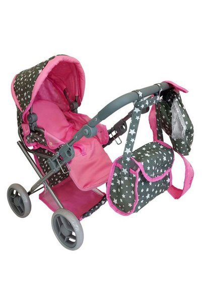 OEM Carucior pentru papusi, material bumbac, roz/gri, dimensiuni 72x36x74cm