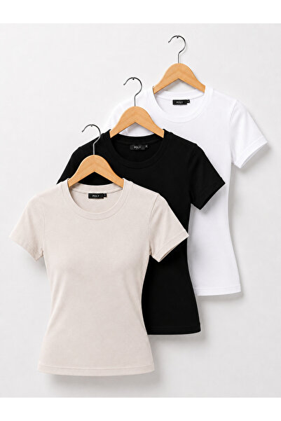 POLYMOOD Set of 3 95% Cotton Body-Fitting Full Length Slim Fit Lycra Blouse-T...