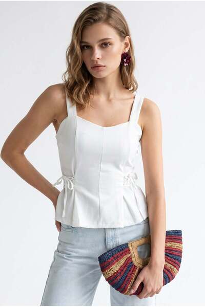 Mixray 2153 Women's Cross Lace-Up Strap Peplum Blouse White