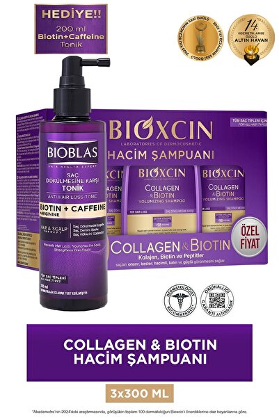 Bioxcin Collagen & Biotin Ekstra Hacim Şampuanı 3 x 300 ml Biotin-Caffeine To...