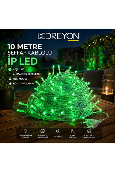 LEDREYON 10 Metre Yeşil Işık Şeffaf Kablo İç Mekan İp led Aydınlatma Dekorati...