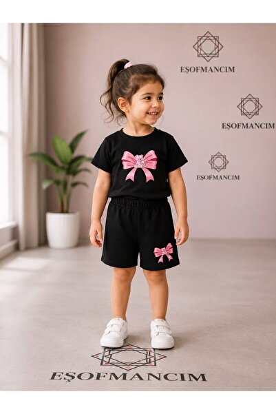 Eşofmancım Girl's Summer Top and Bottom Set with Ribbon and Teddy Bear Print