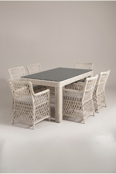 huteras Bahçe Masa Takımı Rattan 6 Kişilik Gri 90x150 Cam Tablalı Örgü Dış Me...