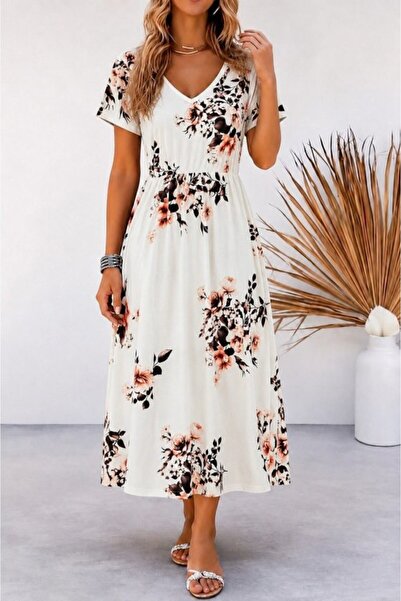 pazarella Women's Short Sleeve V-Neck Patterned Long Single Jersey Dress
