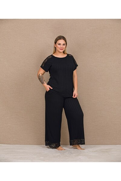 MOPİ Black Relax Ribbed Lace Women's Pajama Set - Standard and Plus Size