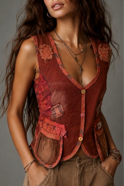 Boutique Juji BOHEM STİL PATCHWORK DETAYLI DEKOLTE YELEK