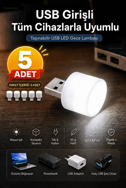 nelerbulurum USB Girişli Mini LED ışık 5’li Set – Beyaz Işık, Tak & Kullan, T...