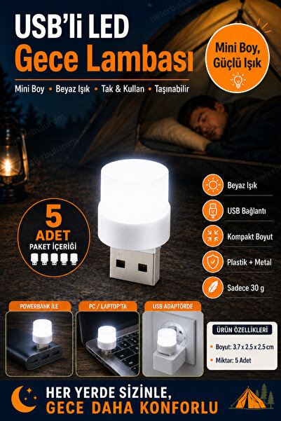 nelerbulurum 5’li Mini USB LED Gece Lambası Tak Çalıştır Beyaz Işık - Kamp, P...