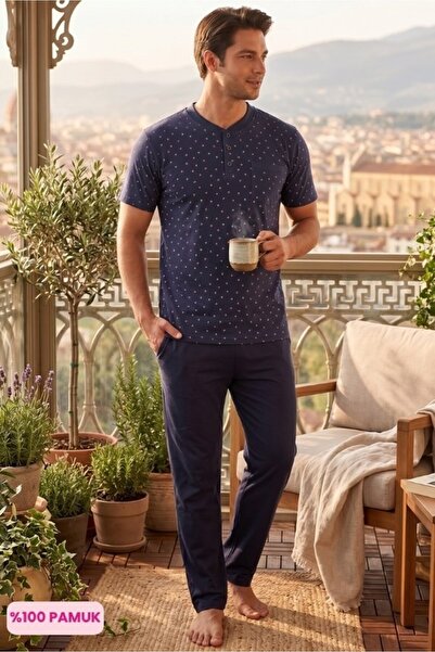 ALİMER Men's 3-Button Patterned 100% Cotton Combed Cotton Short Sleeve Pocket...
