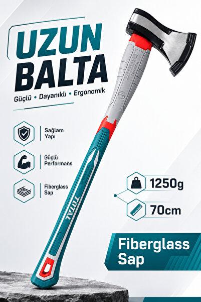TOTAL Fiber Saplı Profesyonel Uzun Balta (1250 gr) 70 cm Kampçılık Odun Doğra...