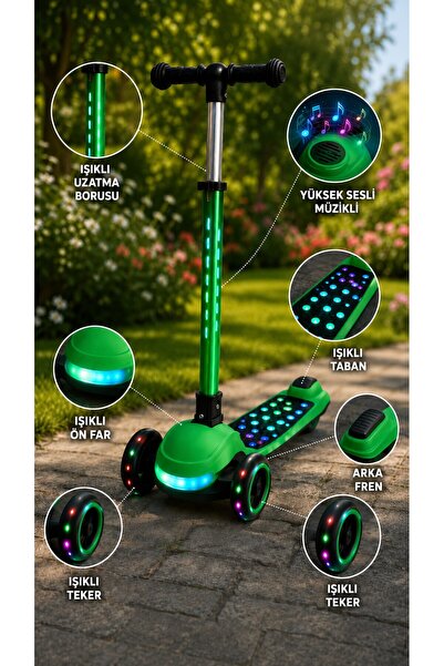 Genel Markalar Işıklı Müzikli 3 Tekerlekli Çocuk Scooter, Led Tekerlekli, Işıklı Tabanlı, Arka Frenli Scooter 3+ Yaş