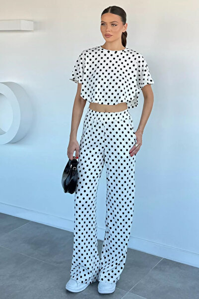 Aryena Cream Women's Elastic Waist Polka Dot Lycra Palazzo Trousers