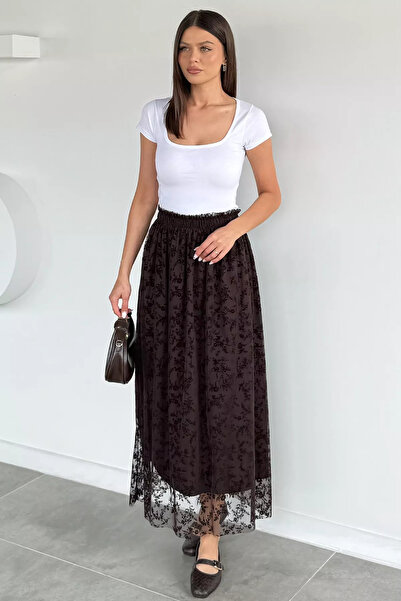 Aryena Brown Women's Flocked Printed Lined Skirt (Fits 38-40-42-44)