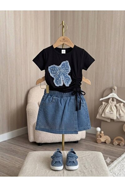 Efemkids Bottom Top Girl's Set T-Shirt+Skirt Shorts Children's Set Stone Ribb...