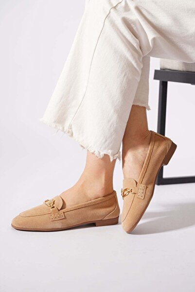 Moda Pie Drenste Arma Buckle Genuine Leather Women's Ballerinas Beige Suede