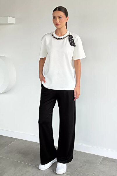 Aryena Black Gülseli Women's Collar Scarf T-Shirt and Pants Two-Piece Set