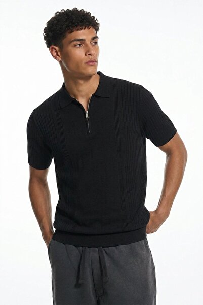 Maccali Men's Regular Striped Black Short Sleeve Polo Collar t Shirt