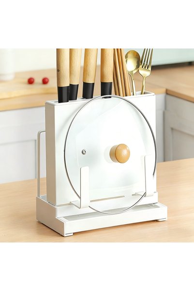 HT Home Organizers Stainless Steel Tableware Drying Rack + Knife Block with Space for Pot Lids and Cutting Boards, Countertop Storage Organizer Set for Bowls, Plates and Kitchen Utensils