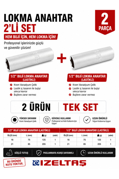İzeltaş 1/2” Buji Lokma Anahtar (Lastikli) 16mm 21 mm 2 Li Set Takım