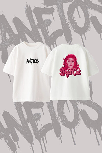 Anetos تي شيرت Doja Cat_7 ذو تصميم مطبوع وياقة دائرية كبيرة الحجم باللون الأبيض