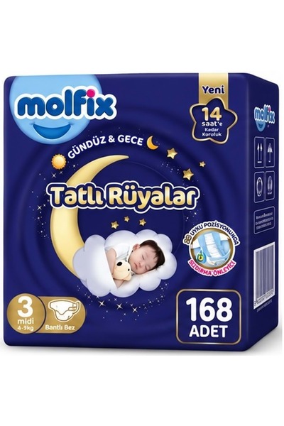 Molfix Tatlı Rüyalar Bebek Bezi 3 Beden 4-9 KG Midi 168 Adet Ekonomik Fırsat Pk