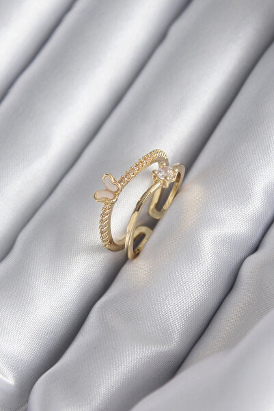 ARMÜZ خاتم نسائي نحاسي ذهبي اللون مزين بحجر الزركون على شكل فراشة