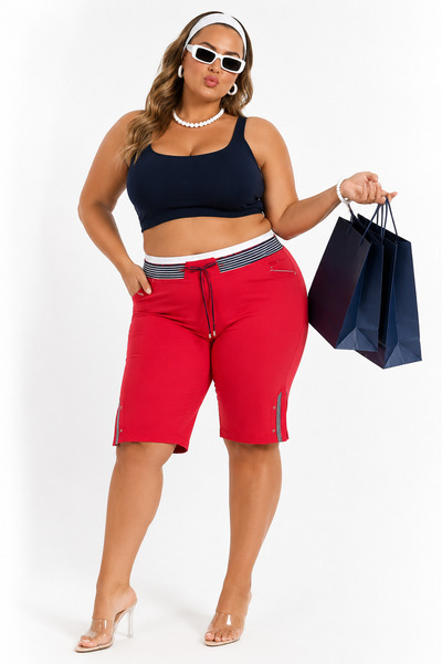 Pangos Fashion Plus Size Elastic Waist Lace-Up Back Pocket Lycra Women's Capri