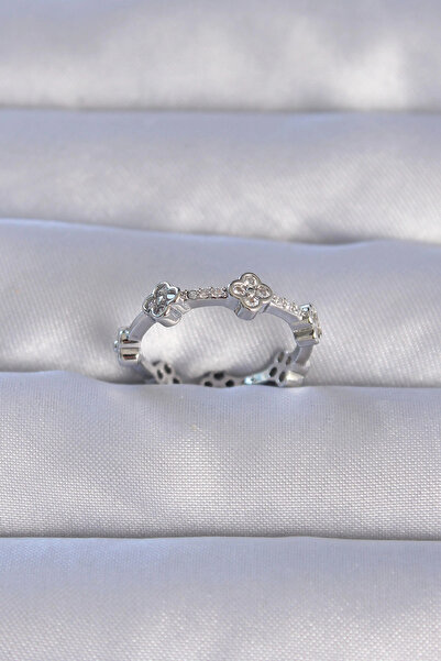 ARMÜZ Brass Silver Color Zircon Stone Clover Model Adjustable Ring