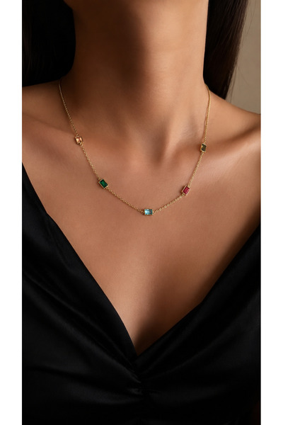 XUPING JEWELRY Kare renkli taşlı 14k gold rengi zarif kolye