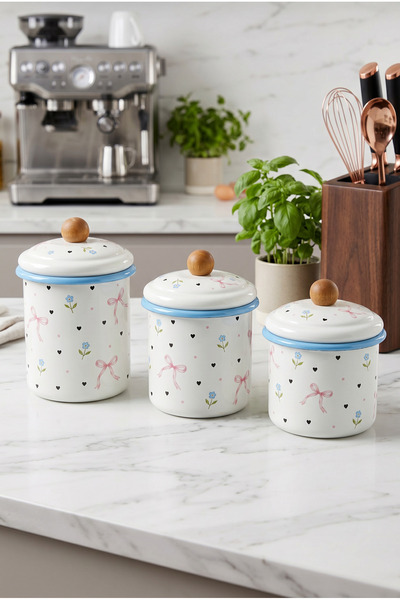 İnci Emaye 3-Piece Set of 6-Piece Enamel Jars with Lids 1 Liter, 1.3 Liter, 1...