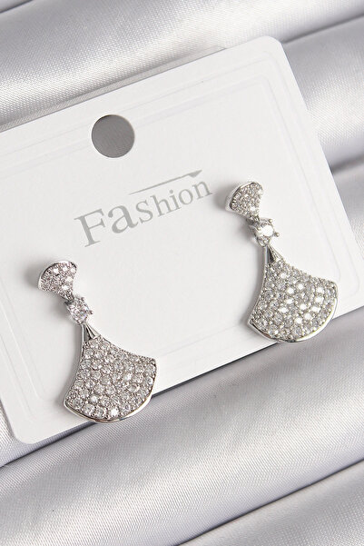 ARMÜZ Brass Silver Color Zircon Stone Motif Model Women's Earrings