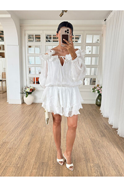 My Blog White Collar Detailed Skirt with Flounces Shiny Dress - 39901