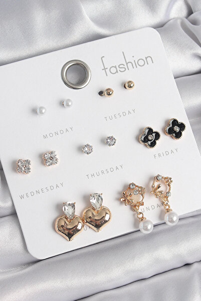 ARMÜZ Brass Gold Color Zircon Stone Heart Figure Black Clover Detail 7 Pairs ...