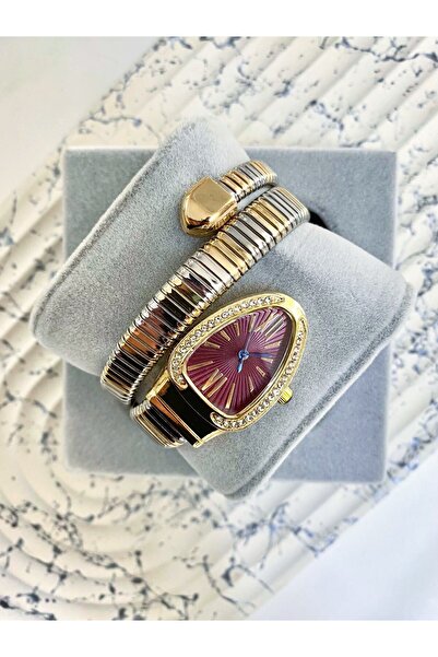 Mazzy Vintage Snake Model Silver Gold Inside Claret Red Women's Wristwatch