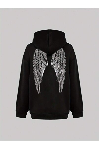 MOONBULL Kadın Sırtı Kanat Taş Baskılı 3 İplik Şardonlu Kumaş Kapüşonlu Oversize Sweatshirt